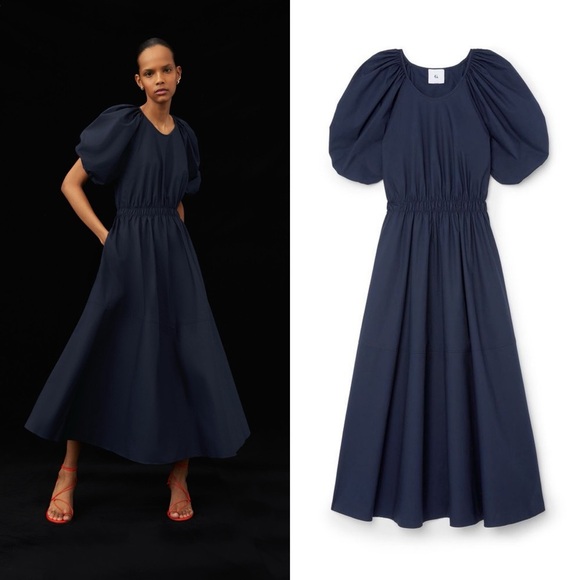 G. Label By Goop Sheely Puff Sleeve Midi Dress Navy Blue Cotton 6 EUC - Picture 1 of 7